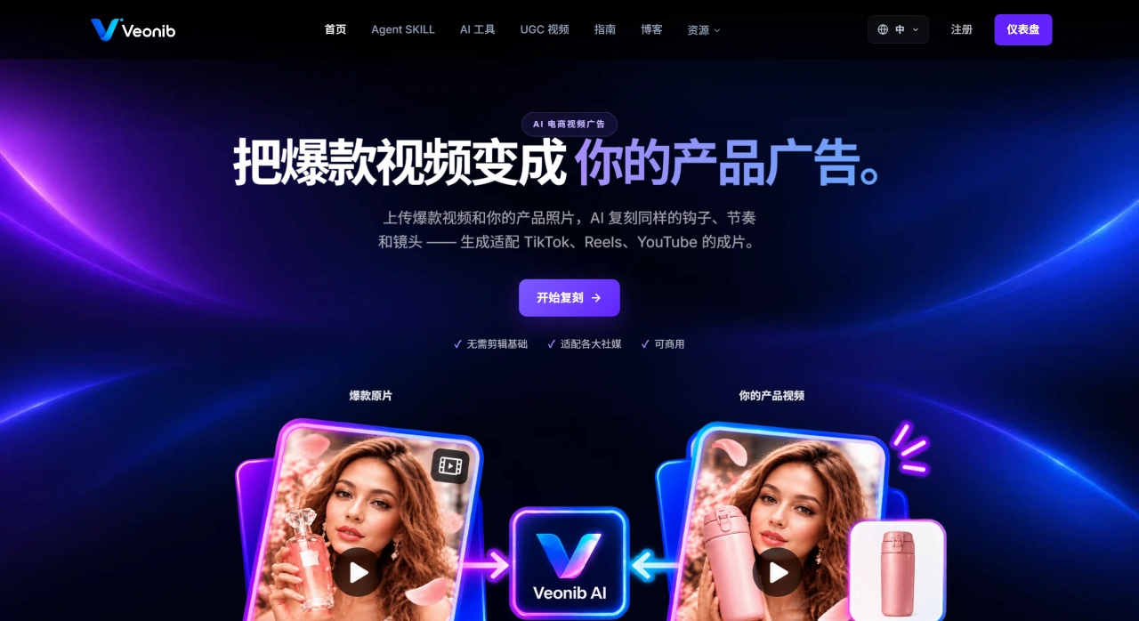 Veonib(图1) VEONIB - AI电商爆款视频广告生成平台 - veonib.com